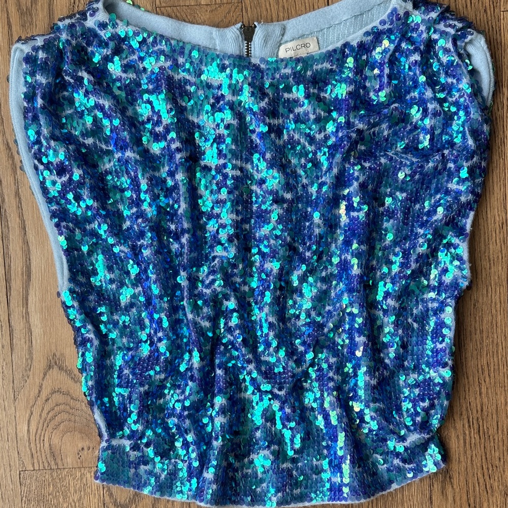 Pilcro (Anthropologie) Iridescent Sequin Sleeveless Crop Top – Blue